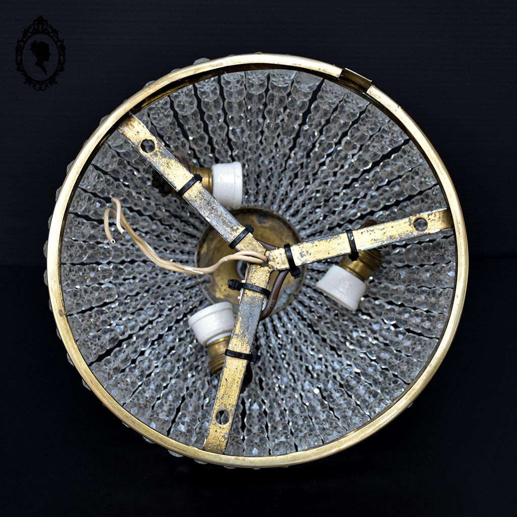 Plafonnier lustre art déco guirlandes de perles pointe diamant cristal laiton ancien