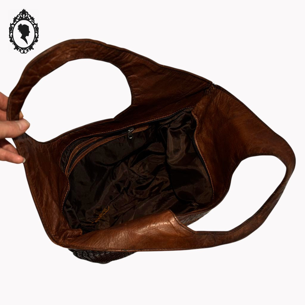 Sac cabas cuir cognac marron devant tressé vintage