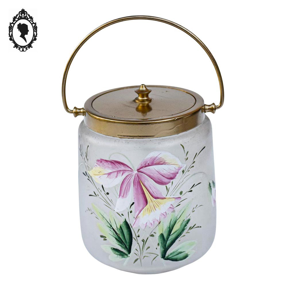 Sceau pot à biscuits verre mat fleur émaillée rose jaune vert ancien art nouveau