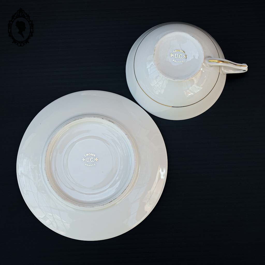 Service 12 tasses à café pots cafetière sucrier porcelaine fine UC Limoges blanc doré