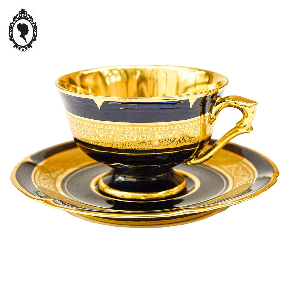 Service 12 tasses soucoupes porcelaine d’Art Legle Limoges France bleu or + cuillères