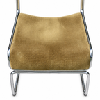 Paire de chaises traîneaux en velours côtelé ocre et métal tubulaire chromé vintage 1970