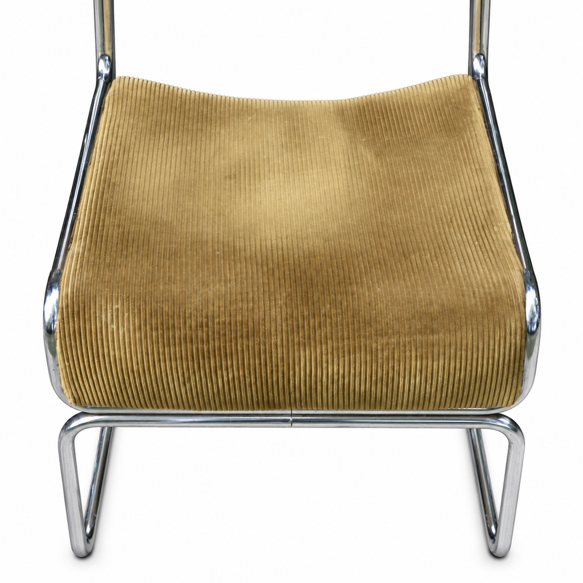 Paire de chaises traîneaux en velours côtelé ocre et métal tubulaire chromé vintage 1970