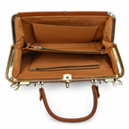 Sac à main vintage en cuir cognac à fermoir métallique et poches frontales