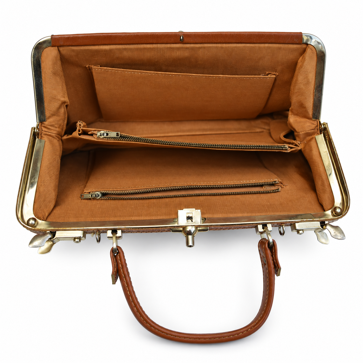Sac à main vintage en cuir cognac à fermoir métallique et poches frontales
