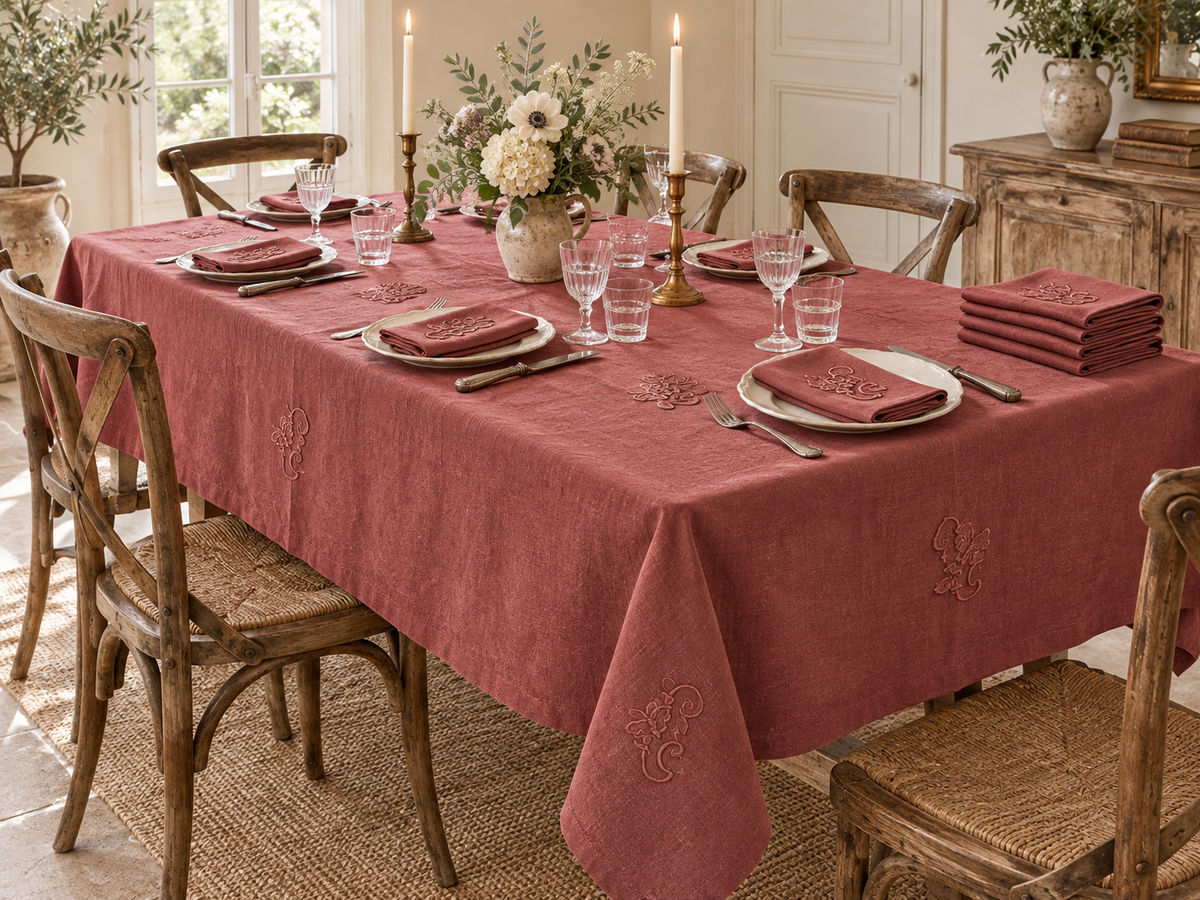 Service de table ancien damassé terracotta – Nappe et 10 serviettes monogrammes BG coton et lin
