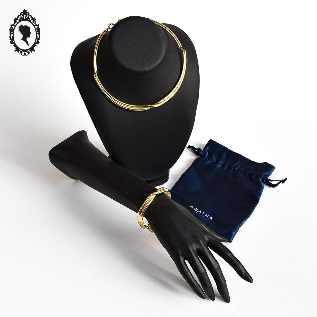 Chic parure collier bracelet métal doré Agatha vintage