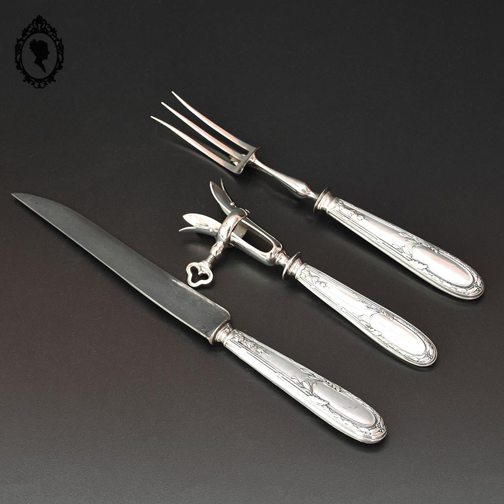 Coffret 3 couverts service complet à découper gigot argent fourré décor Louis XV ancien XIX ième