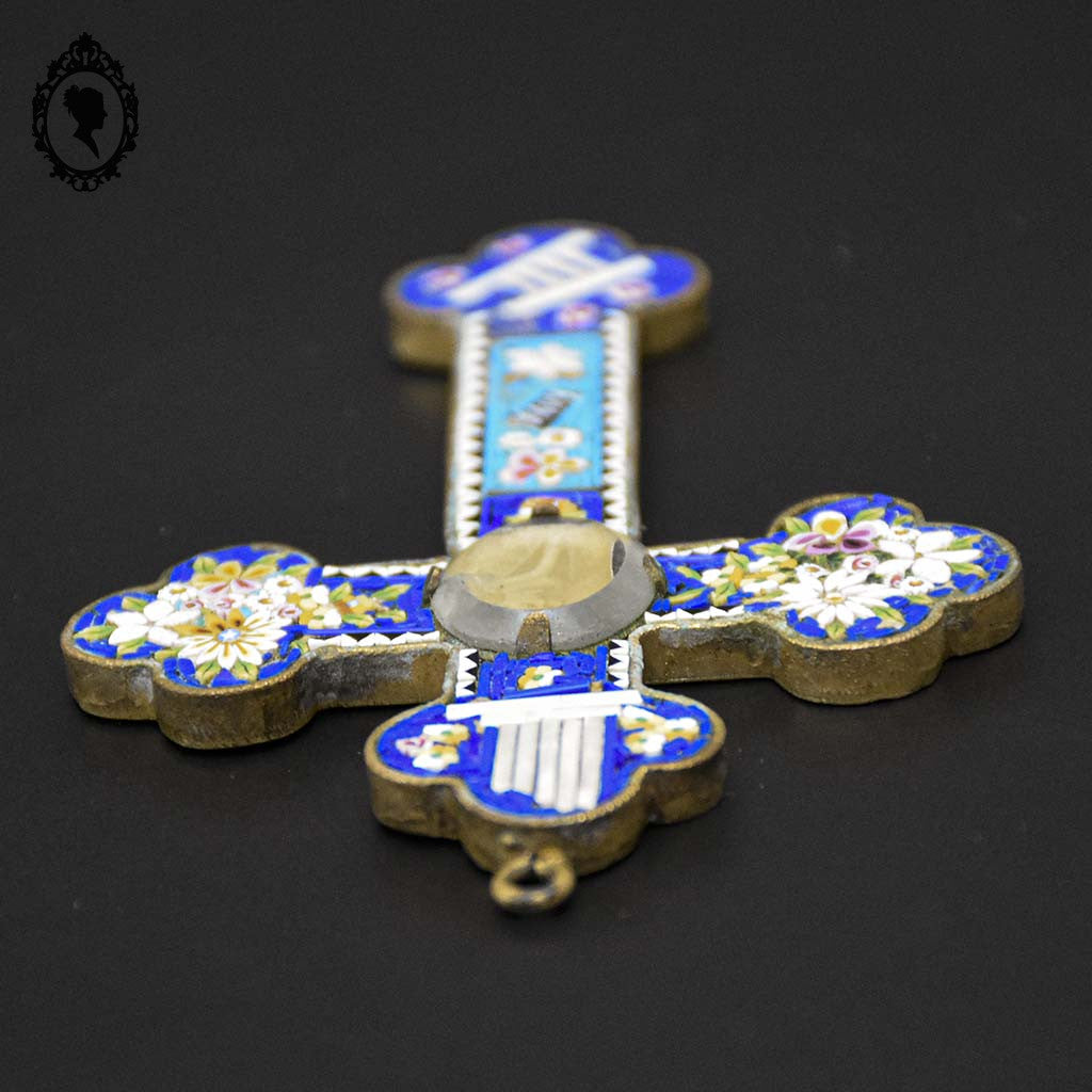 Croix en micro mosaïque de Roma Italienne photo verre H 10,5 cm ancienne