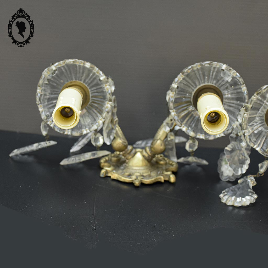 Elégante paire d’appliques en bronze doré pampilles baroque 2 lumières vintage
