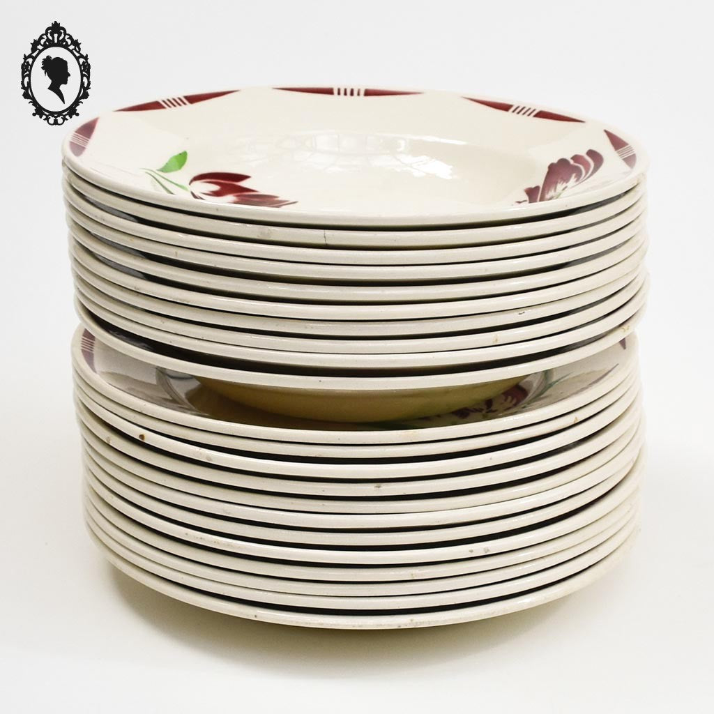 Lot 22 assiettes plates et creuses fleur tulipe rouge vert Badonviller vintage