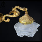 Lustre plafonnier bronze chimères 3 lumières 3 roses pâte de verre blanc doré ancien