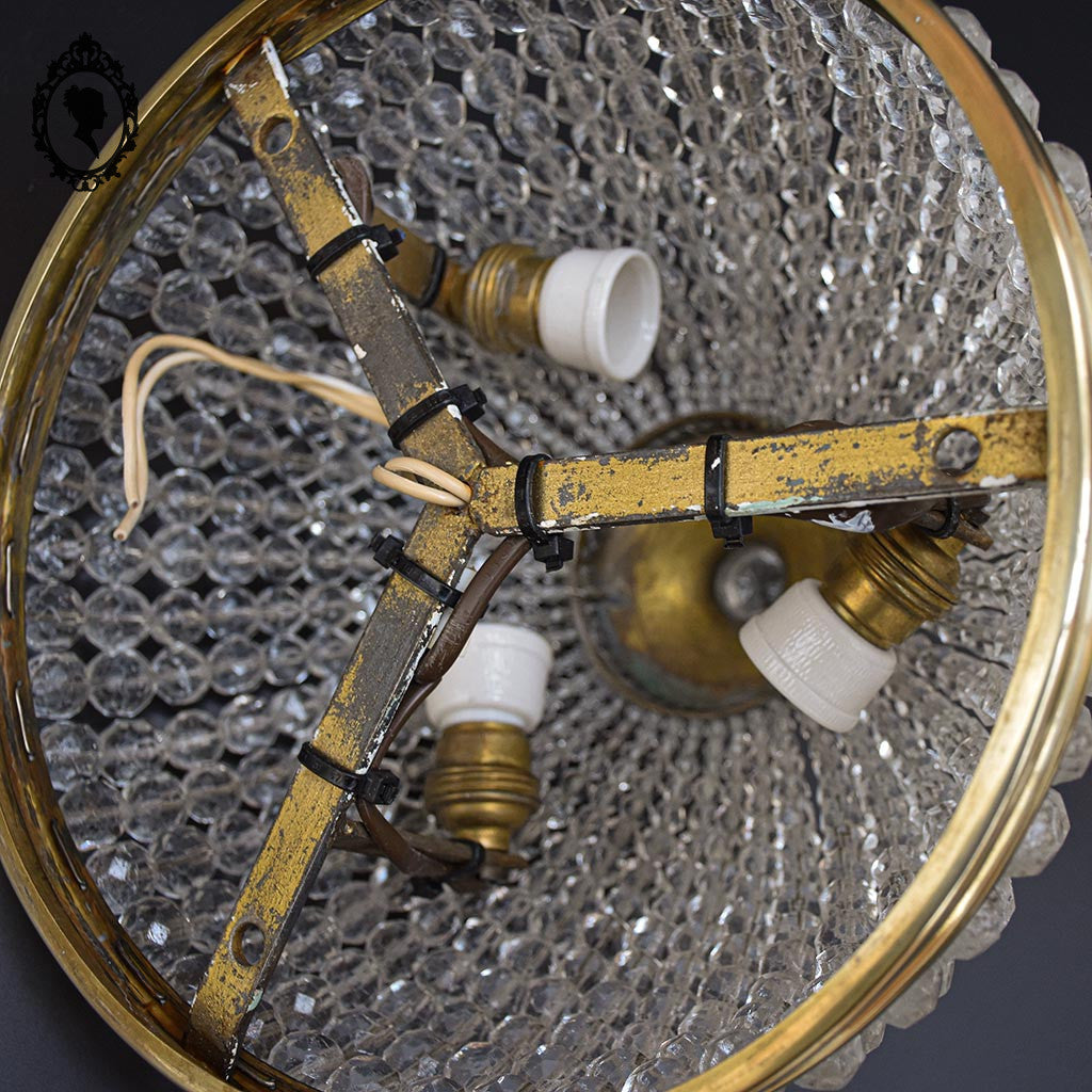 Plafonnier lustre art déco guirlandes de perles pointe diamant cristal laiton ancien