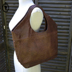 Sac cabas cuir cognac marron devant tressé vintage