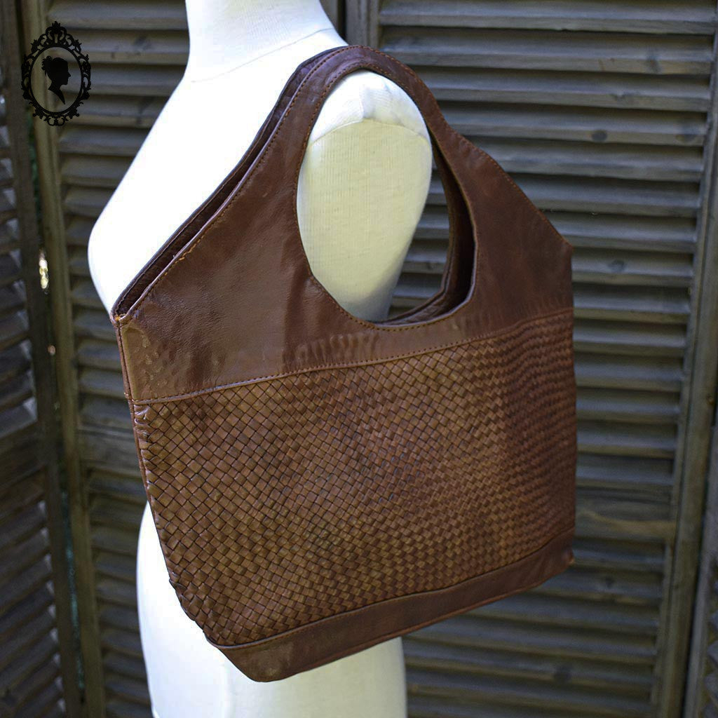Sac cabas cuir cognac marron devant tressé vintage