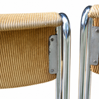 Paire de chaises traîneaux en velours côtelé ocre et métal tubulaire chromé vintage 1970