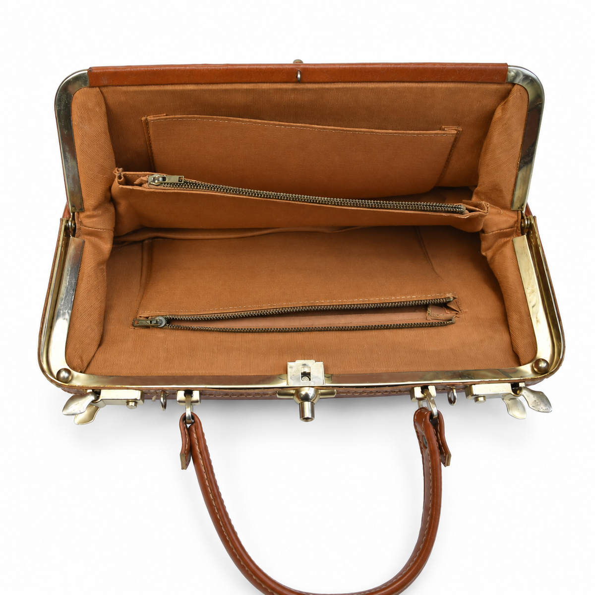 Sac à main vintage en cuir cognac à fermoir métallique et poches frontales