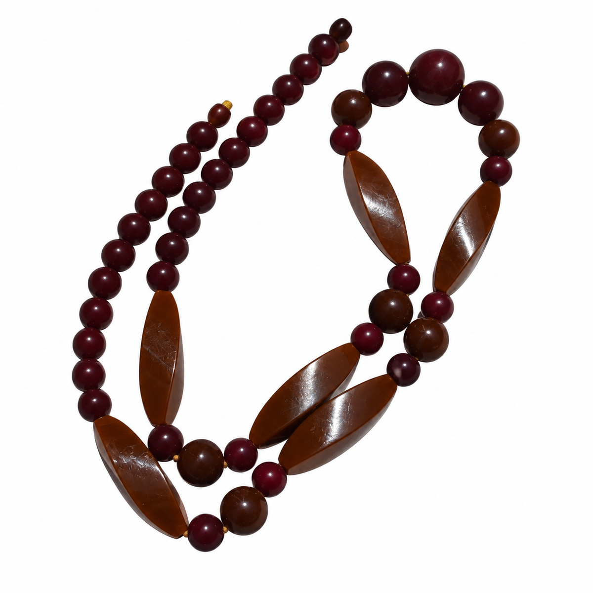 Sautoir perles en bakélite bordeaux et caramel – Art déco, 79,5 cm ancien vintage