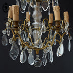 Chic lustre à pampilles bronze doré 6 feux enfilage verre ancien