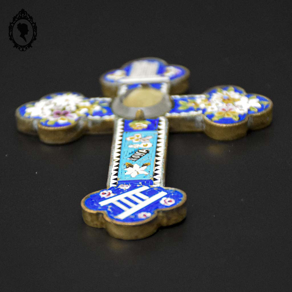 Croix en micro mosaïque de Roma Italienne photo verre H 10,5 cm ancienne
