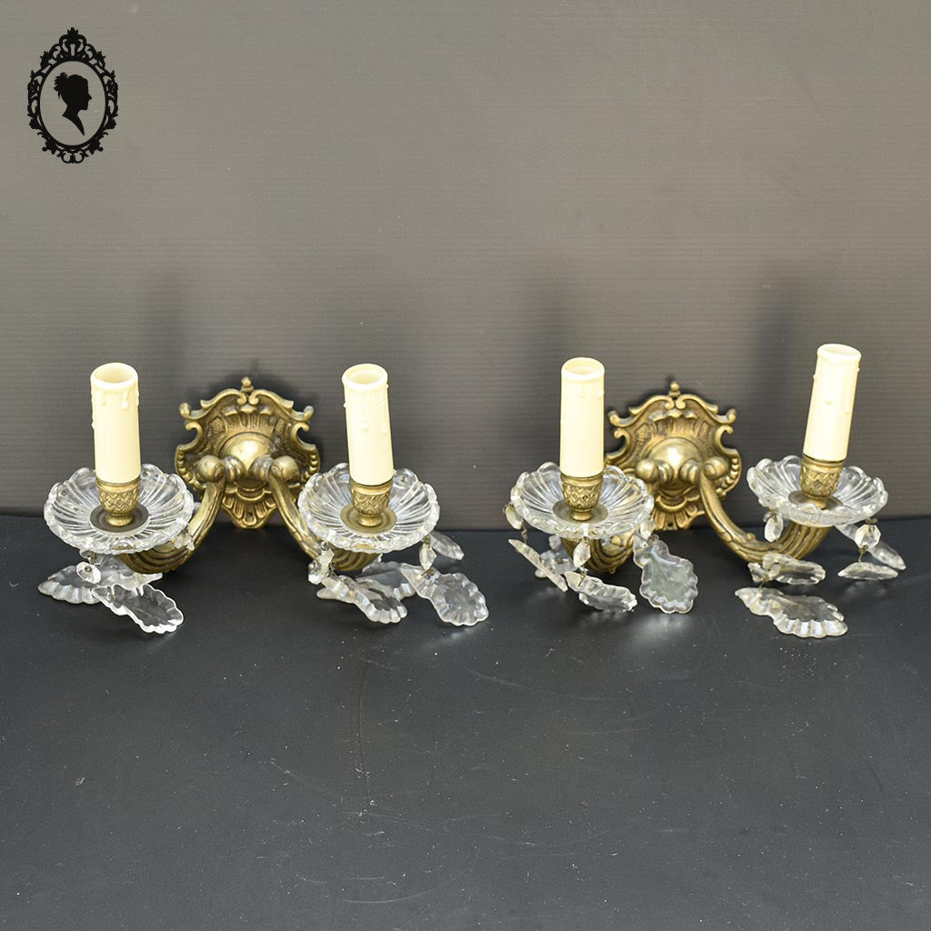 Elégante paire d’appliques en bronze doré pampilles baroque 2 lumières vintage