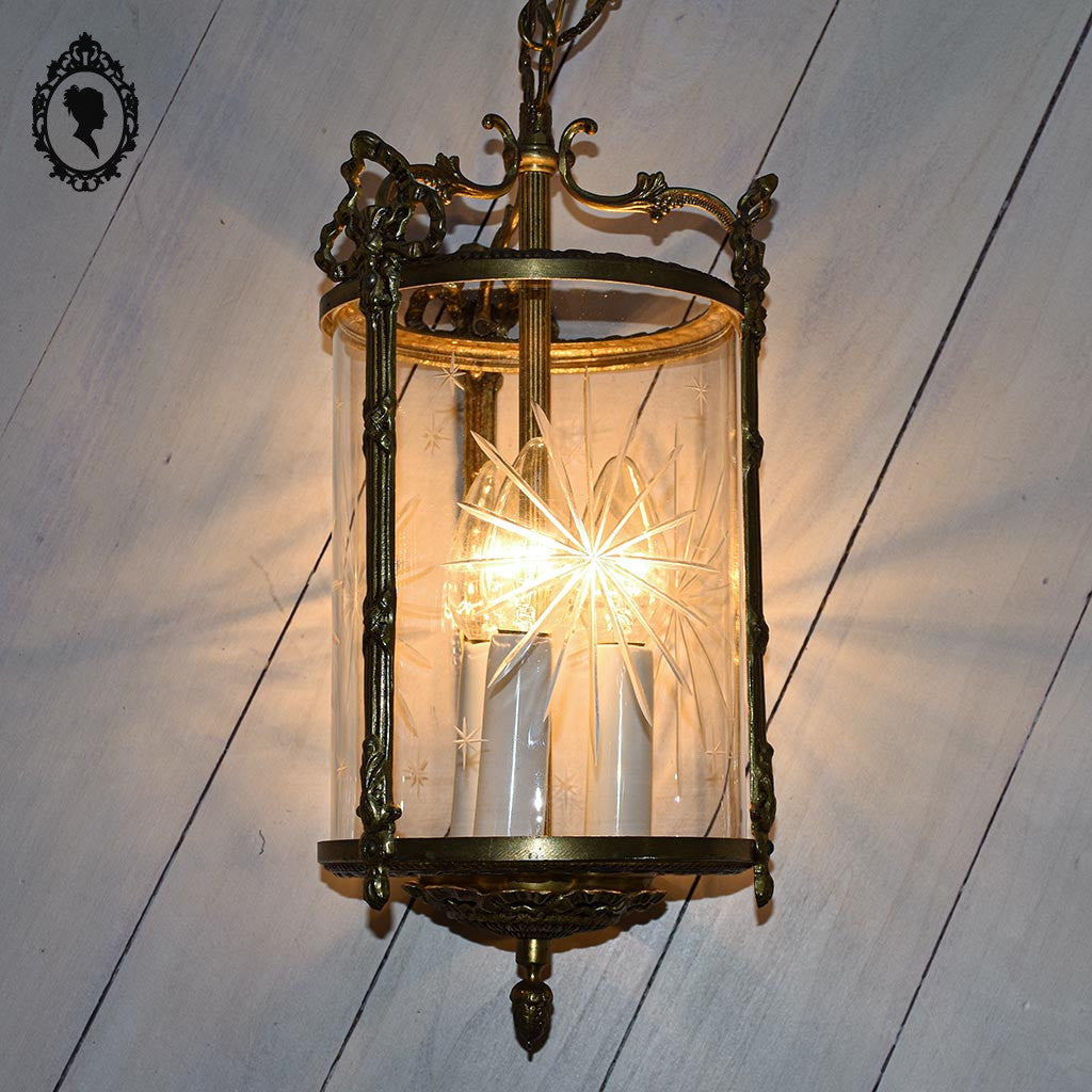Lustre plafonnier lanterne cage 3 lumières verre bronze doré vintage