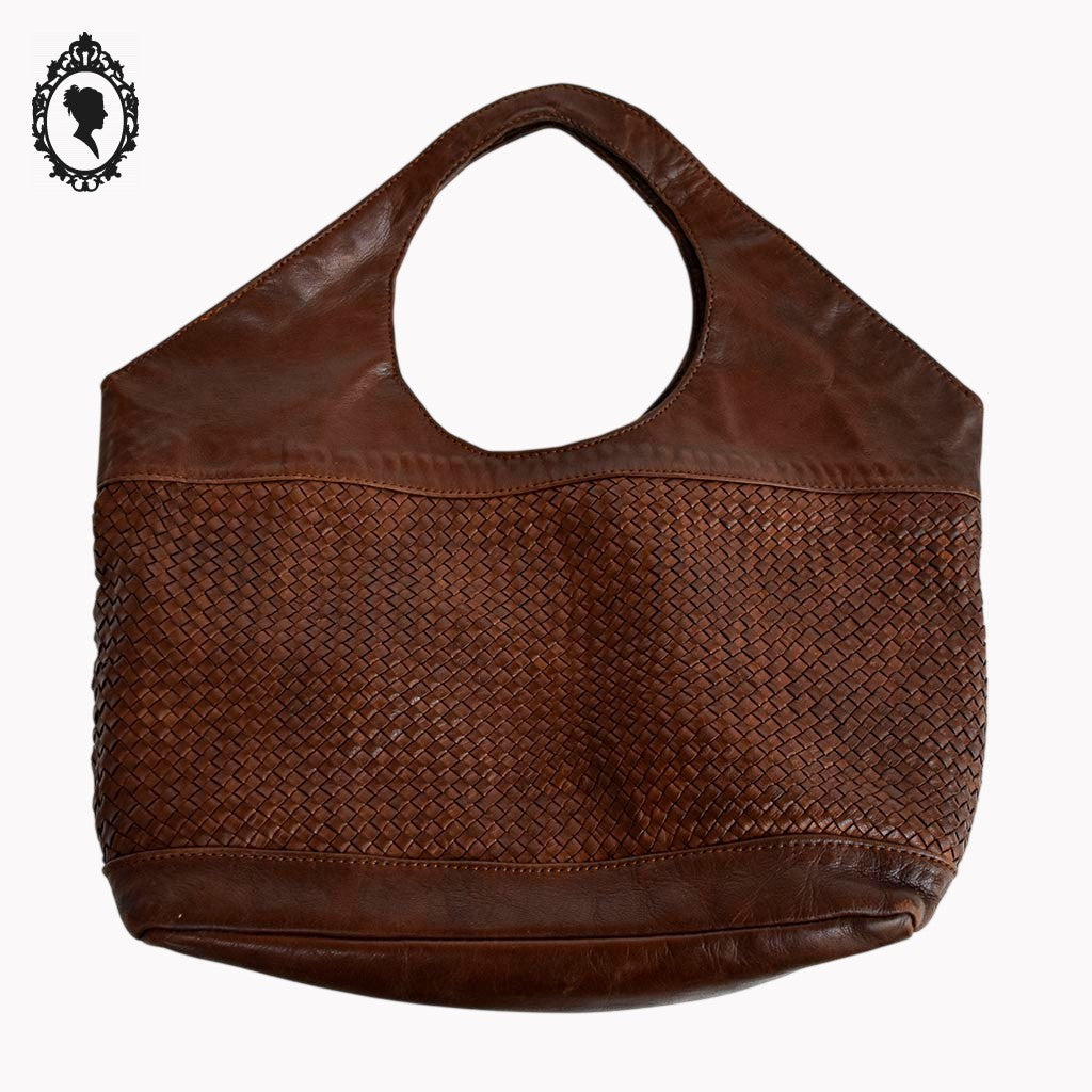 Sac cabas cuir cognac marron devant tressé vintage