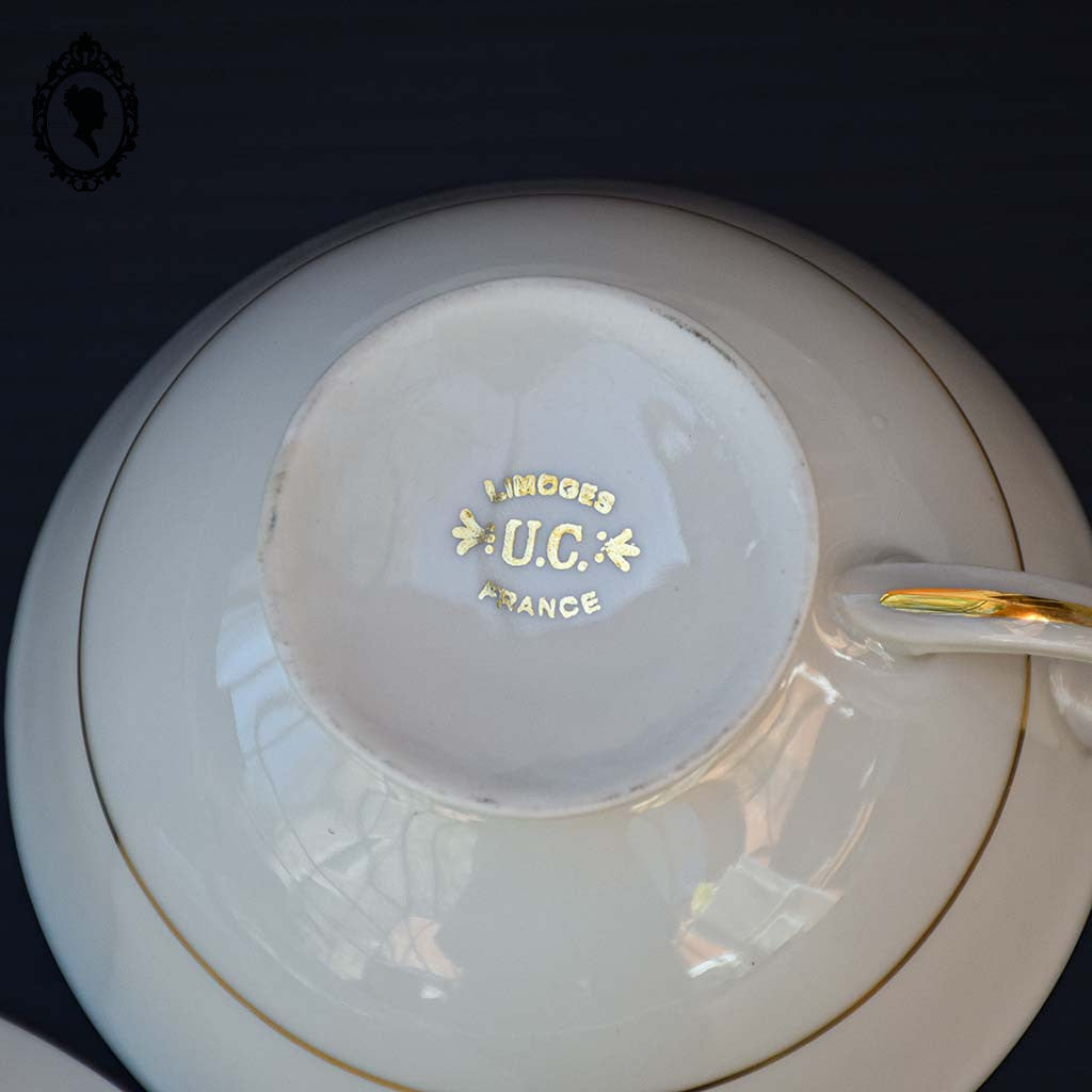 Service 12 tasses à café pots cafetière sucrier porcelaine fine UC Limoges blanc doré