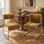 Paire de chaises traîneaux en velours côtelé ocre et métal tubulaire chromé vintage 1970