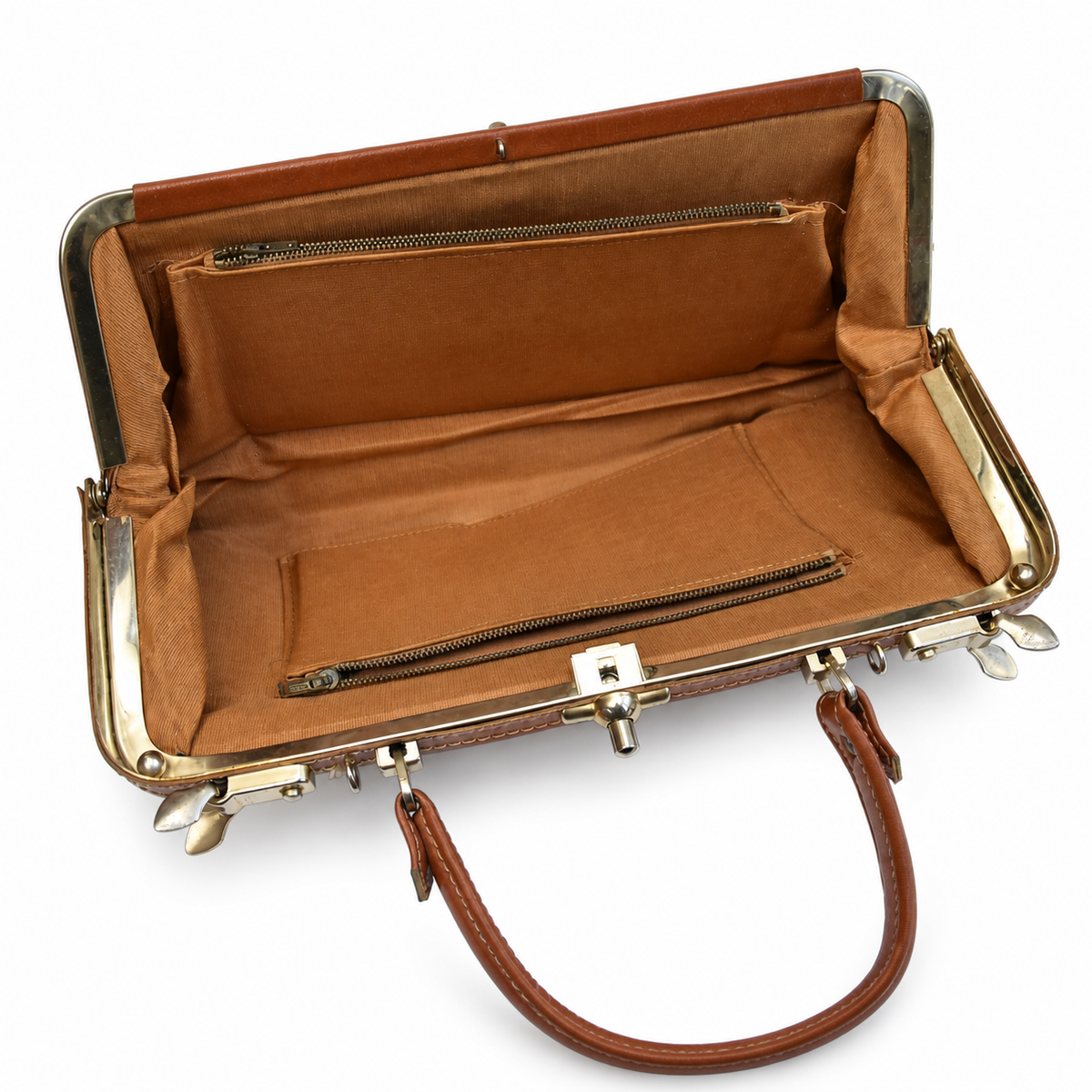 Sac à main vintage en cuir cognac à fermoir métallique et poches frontales