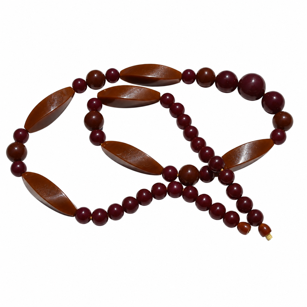Sautoir perles en bakélite bordeaux et caramel – Art déco, 79,5 cm ancien vintage