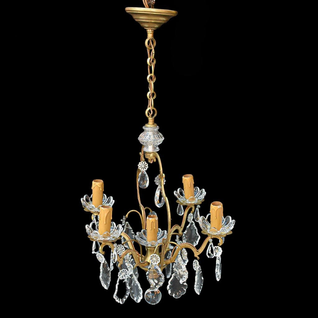 Chic lustre cage à pampilles en bronze doré 5 feux ancien vintage