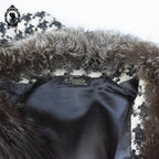 Manteau long femme laine pied-de-poule noir blanc col véritable fourrure T 52 54 vintage