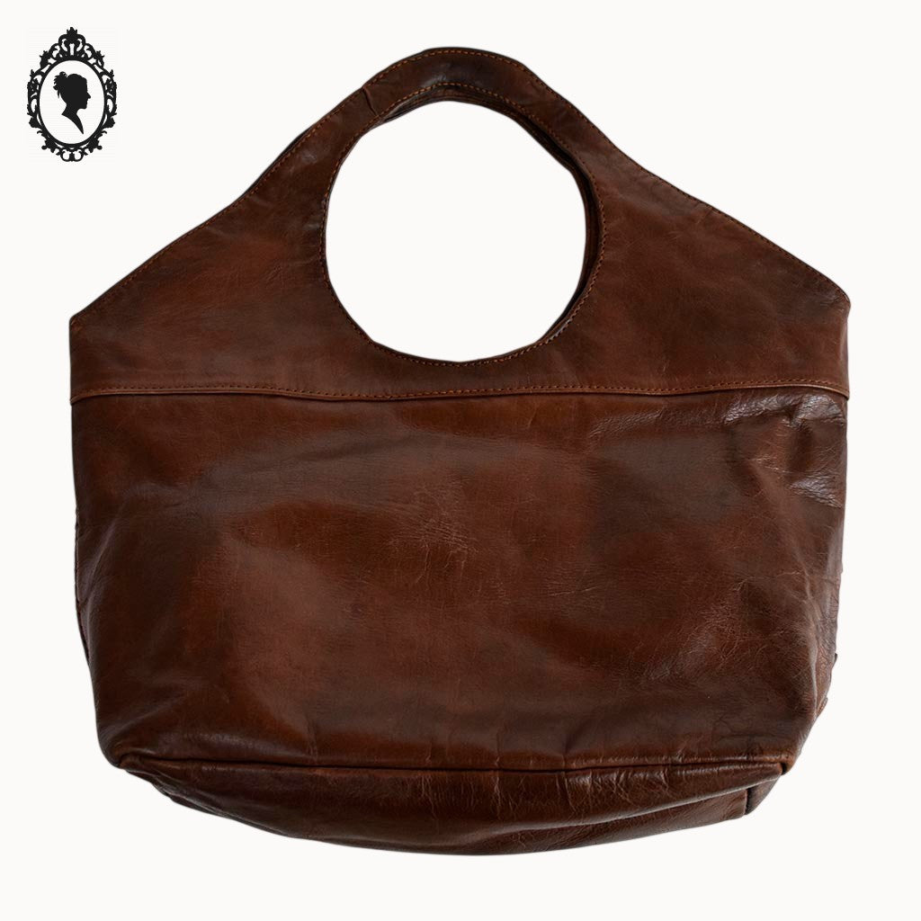Sac cabas cuir cognac marron devant tressé vintage