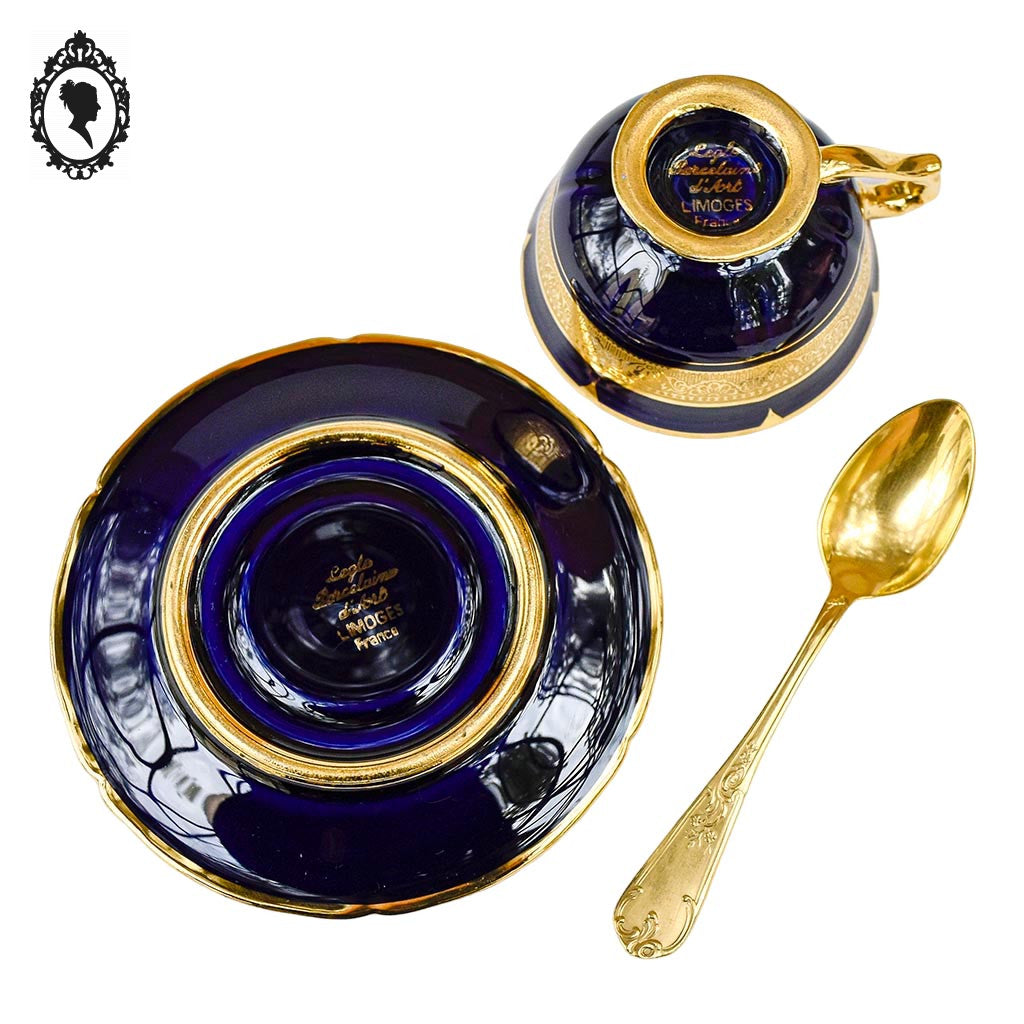 Service 12 tasses soucoupes porcelaine d’Art Legle Limoges France bleu or + cuillères