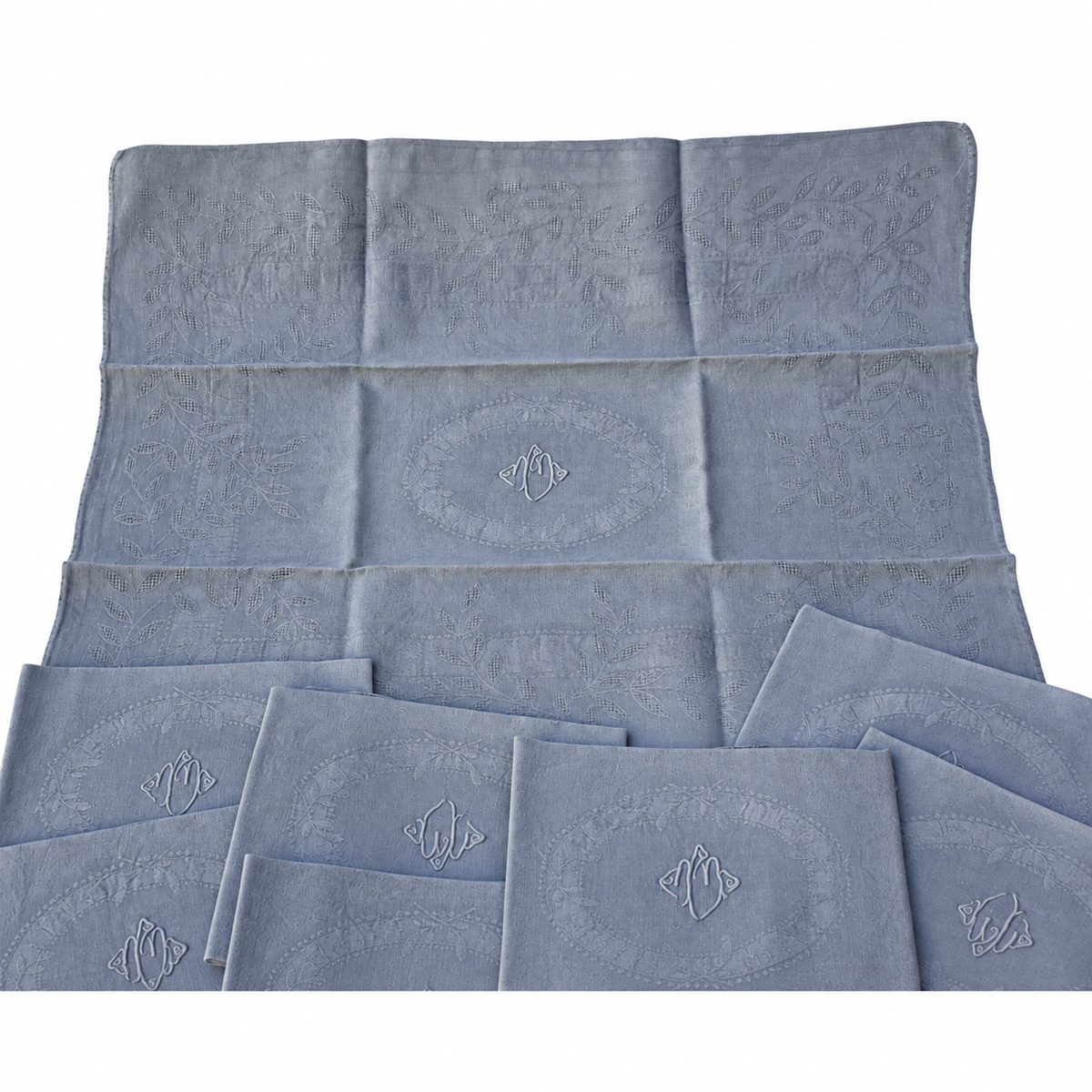 Lot de 12 grandes serviettes anciennes damassées teintes grise bleuté, monogramme brodé – 60 × 75 cm