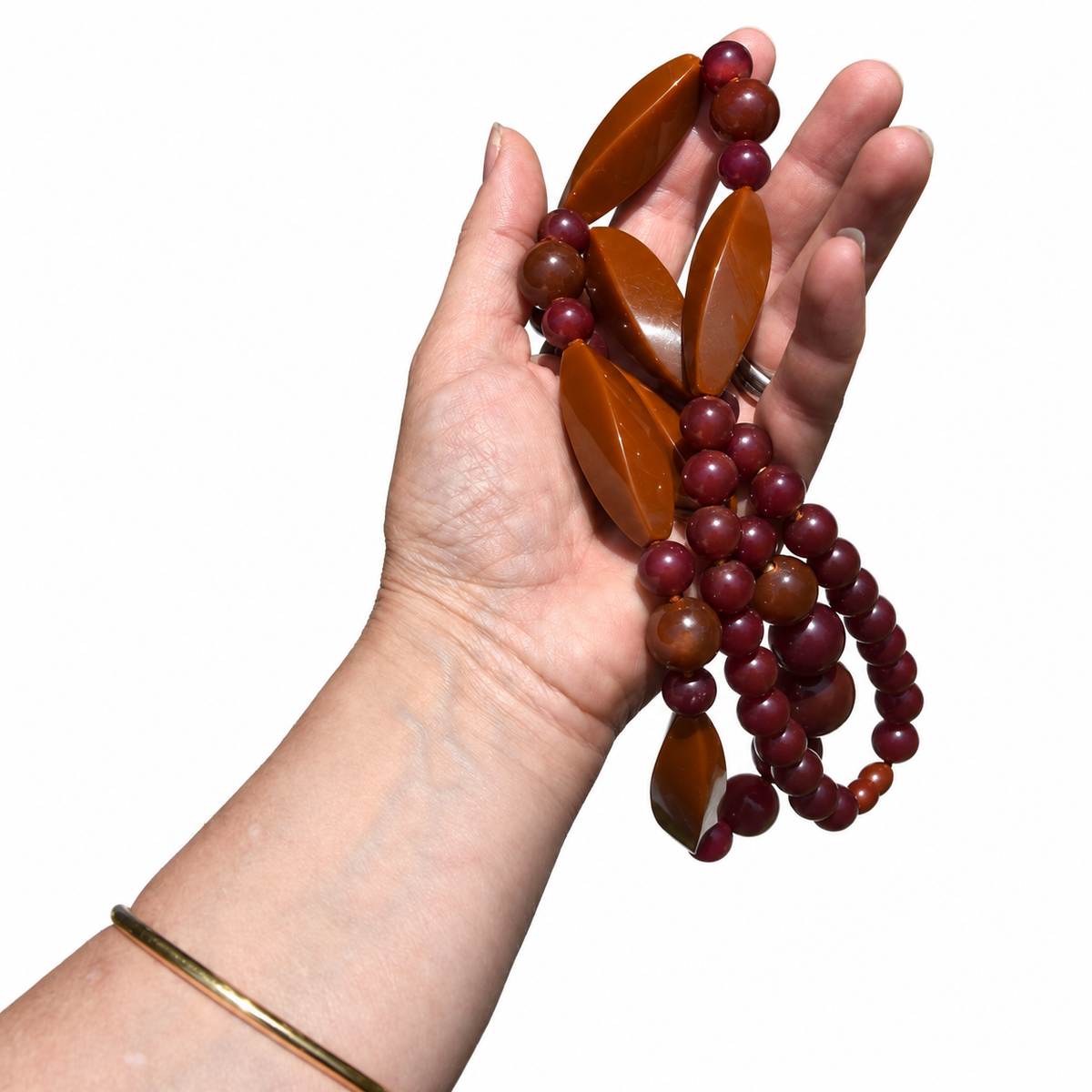 Sautoir perles en bakélite bordeaux et caramel – Art déco, 79,5 cm ancien vintage