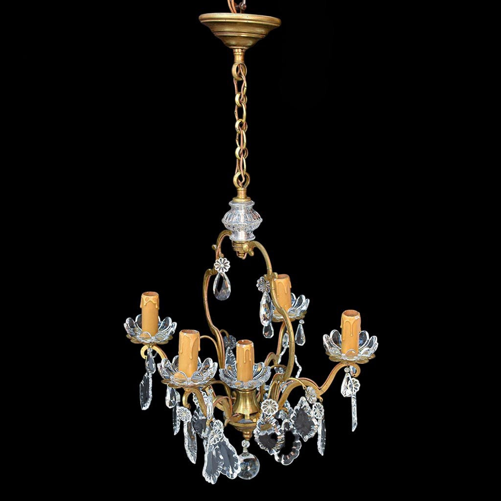 Chic lustre cage à pampilles en bronze doré 5 feux ancien vintage