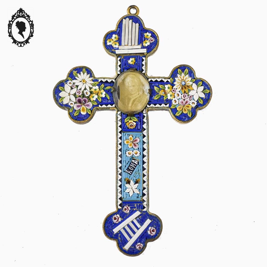 Croix en micro mosaïque de Roma Italienne photo verre H 10,5 cm ancienne