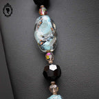 Élégant long collier perles de verre vénitien Murano bleu noir vintage ancien