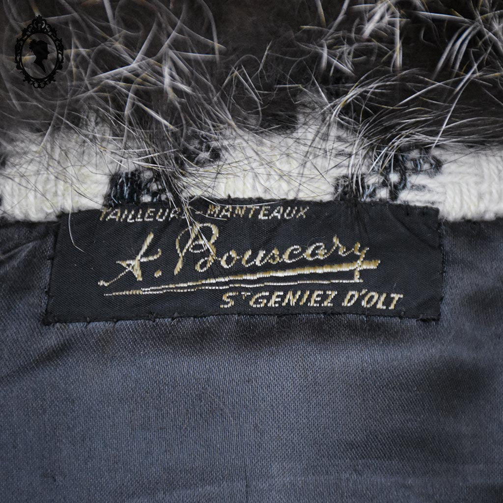 Manteau long femme laine pied-de-poule noir blanc col véritable fourrure T 52 54 vintage