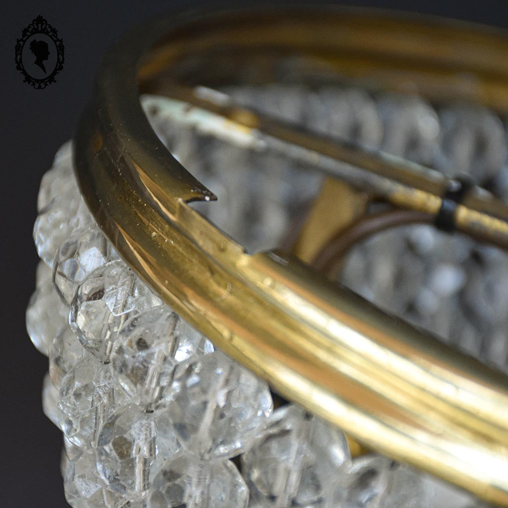 Plafonnier lustre art déco guirlandes de perles pointe diamant cristal laiton ancien