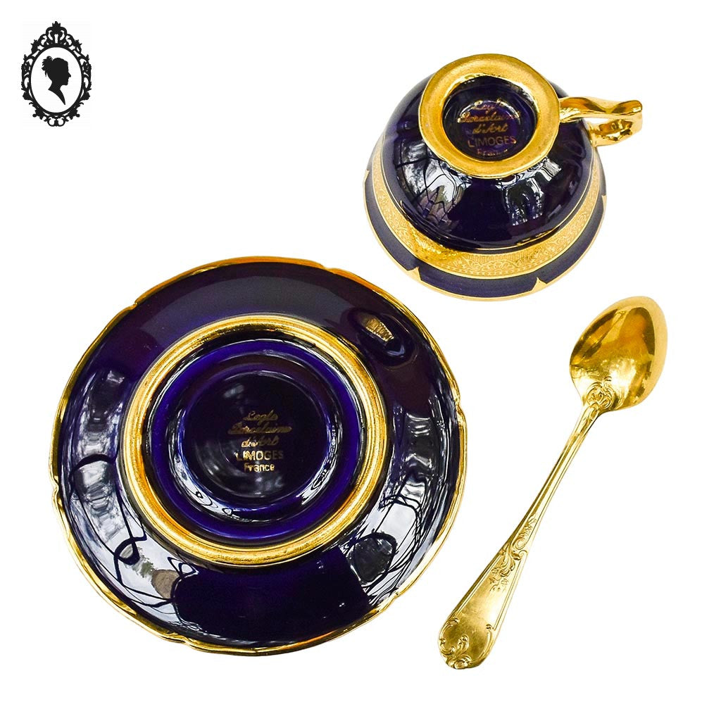 Service 12 tasses soucoupes porcelaine d’Art Legle Limoges France bleu or + cuillères