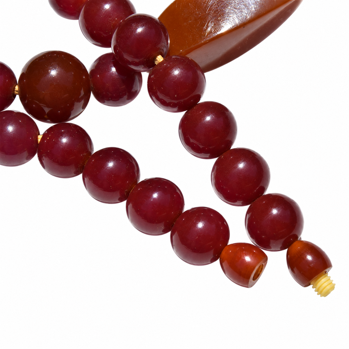 Sautoir perles en bakélite bordeaux et caramel – Art déco, 79,5 cm ancien vintage
