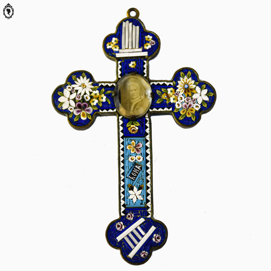 Croix en micro mosaïque de Roma Italienne photo verre H 10,5 cm ancienne