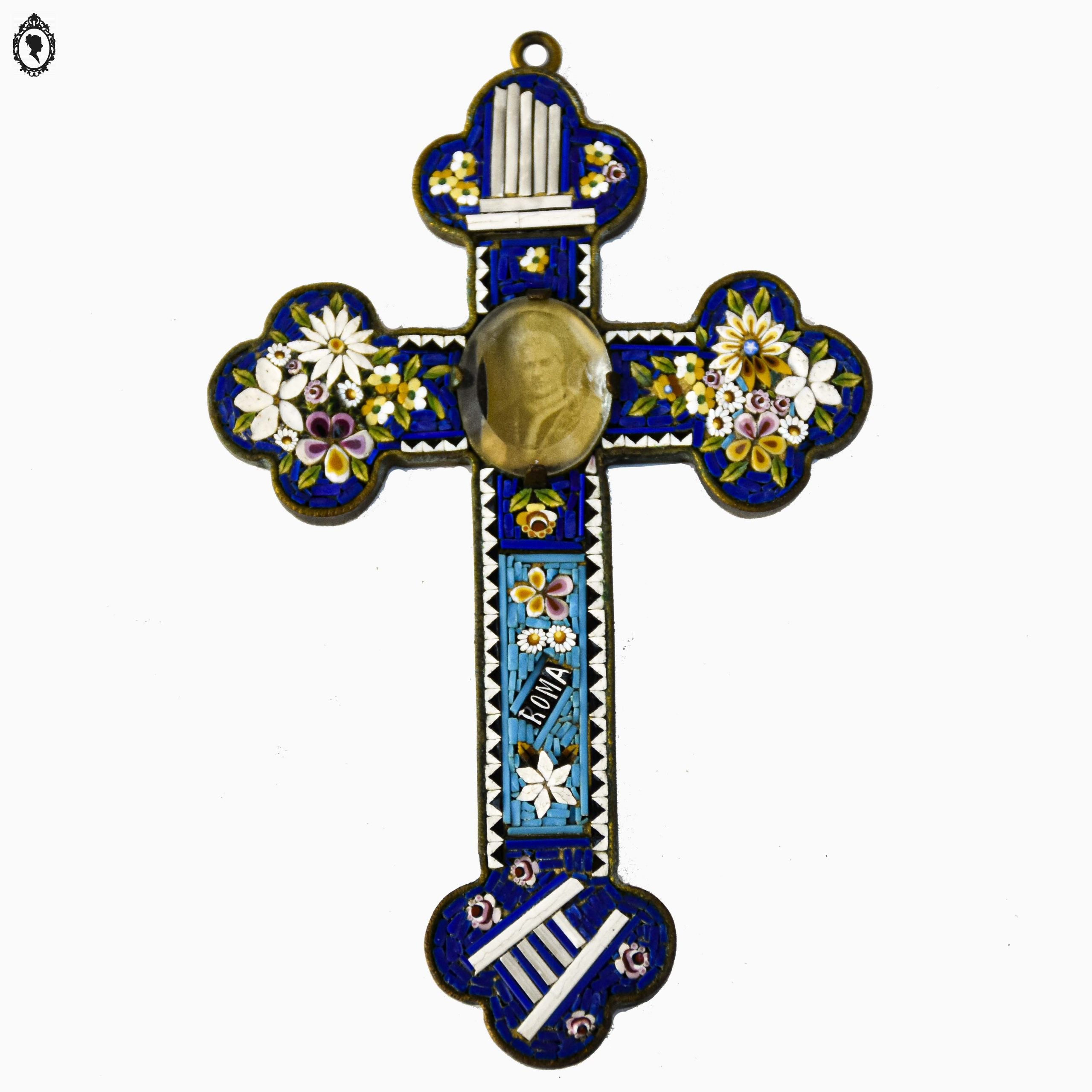 Croix en micro mosaïque de Roma Italienne photo verre H 10,5 cm ancienne