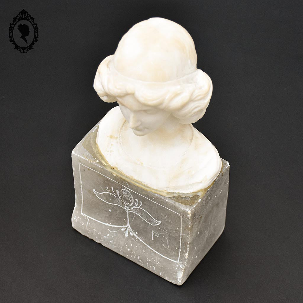 Statue tête buste femme en pierre beige et grise H 20 cm vintage