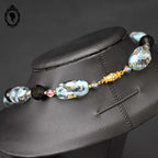 Élégant long collier perles de verre vénitien Murano bleu noir vintage ancien