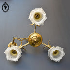 Lustre plafonnier bronze chimères 3 lumières 3 roses pâte de verre blanc doré ancien
