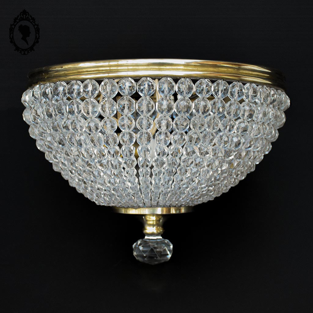 Plafonnier lustre art déco guirlandes de perles pointe diamant cristal laiton ancien